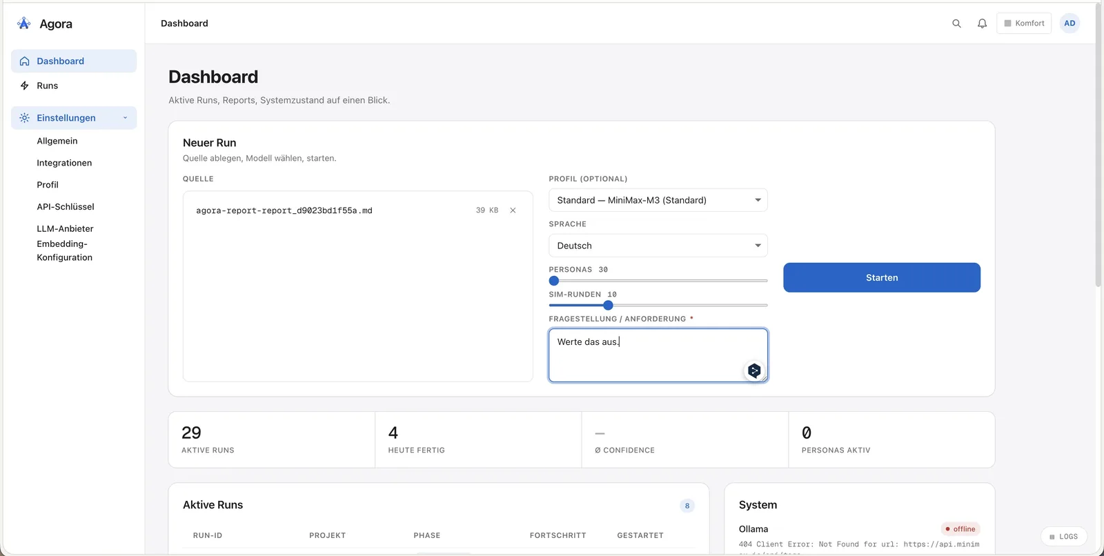 Agora-Dashboard mit neuem Run, Modellprofil, Sprache, Persona-Anzahl und Simulationsrunden