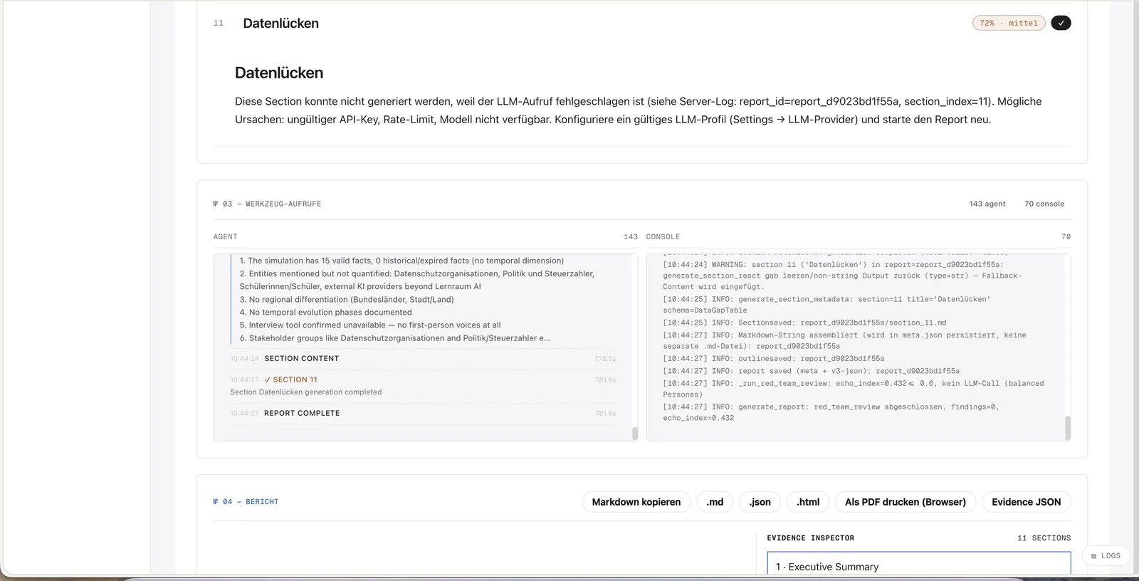 Agora-Report mit Datenlücke, Agentenprotokoll, Server-Log und Exportfunktionen